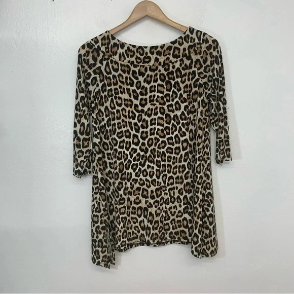 Chicos 0 Top Shirt US  Small Brown Animal Print  Tunic Boat Neck 3/4 Sleeve Work - Picture 1 of 13